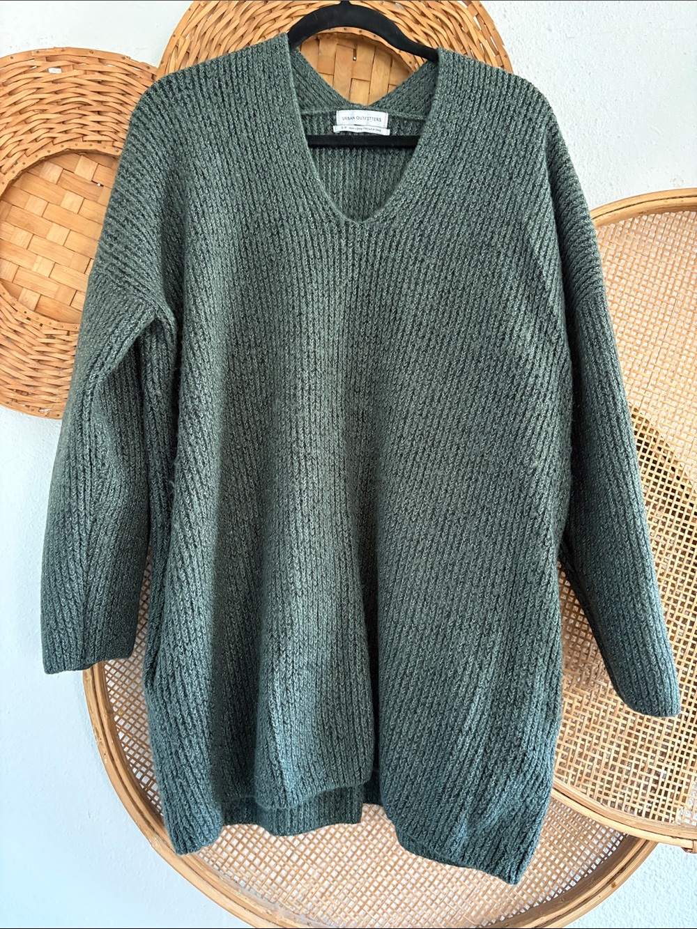 Urban Outfitters Olive Green V-Neck Oversized Cable Knit Sweater Pockets